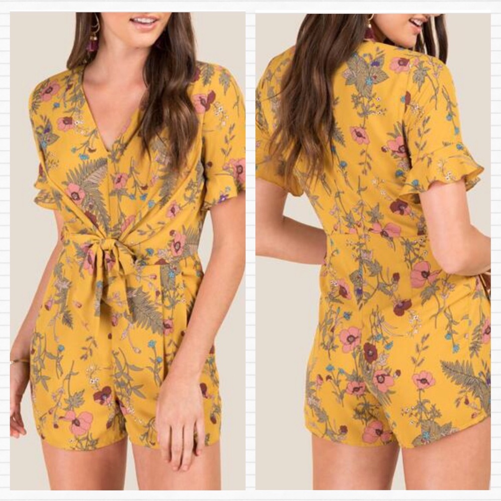 Francesca's Collections Mustard Yellow Floral Tie-Waist Romper